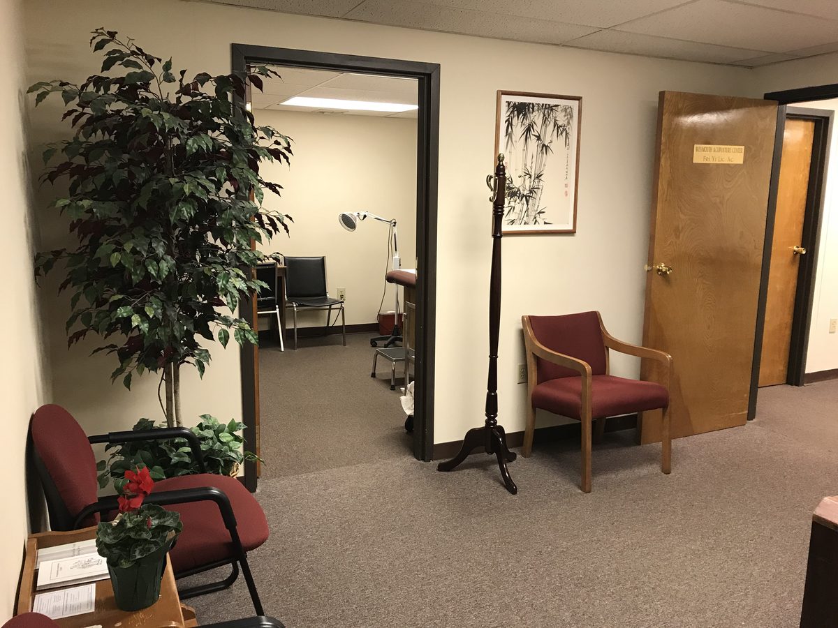 The waiting room and treatment area at Weymouth Acupuncture Center